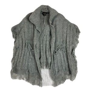 Madden NYC Poncho Knit Cardigan Fringed Chunky Knit Sweater Grey One Size